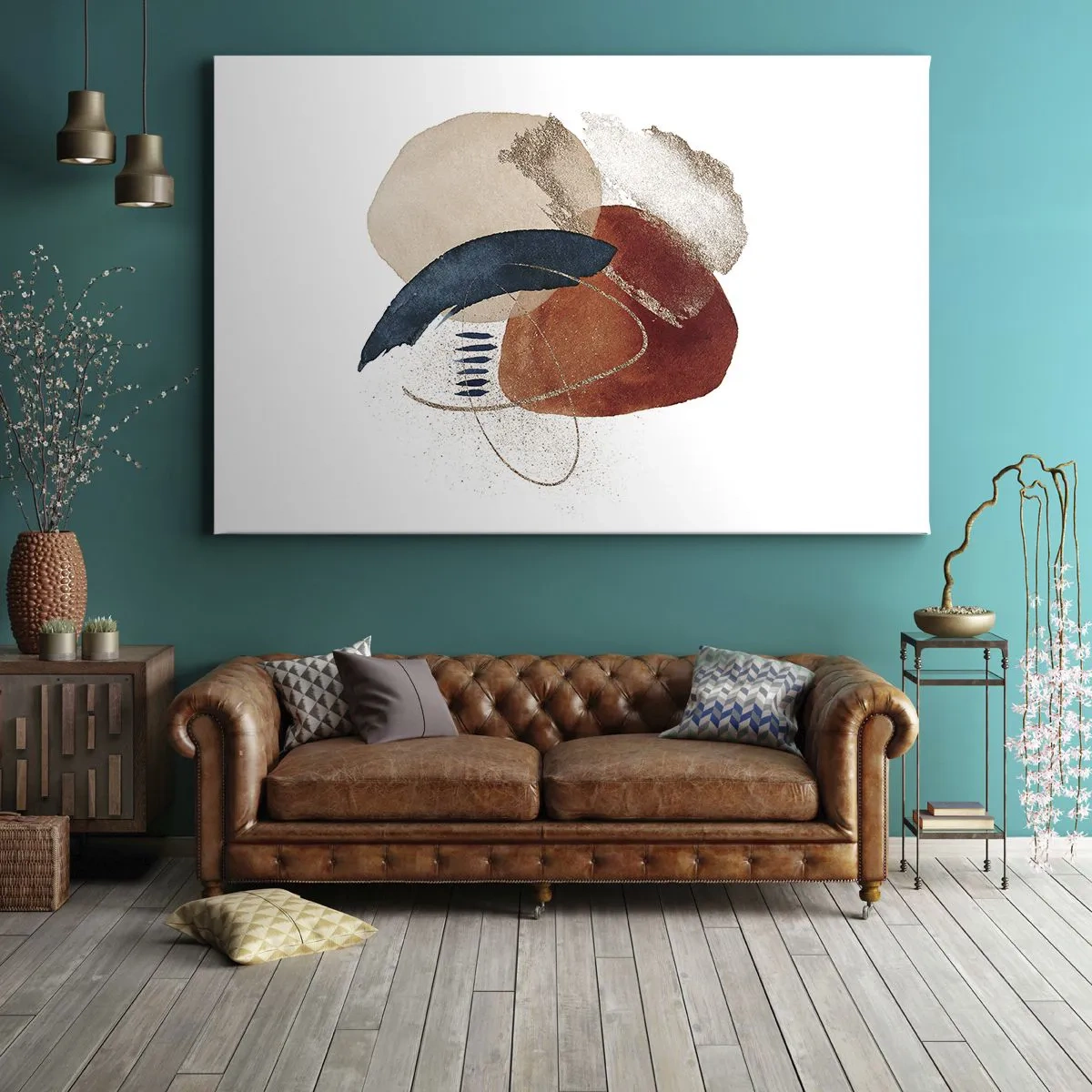 Obraz na plátně - Abstraktní kompozice se skvrnami v zemitých a tmavě modrých odstínech. - 70x50cm - Oválná kompozice - Moderní nástěnná dekorace do obývacího pokoje a ložnice ARTTOR