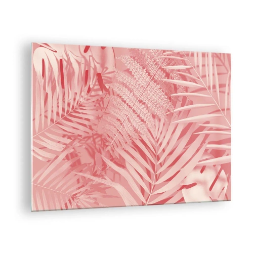 Obraz na skle - Růžové tropické listy v moderní kompozici - 70x50cm - Růžový koncept - Moderní nástěnná dekorace do obývacího pokoje a ložnice ARTTOR