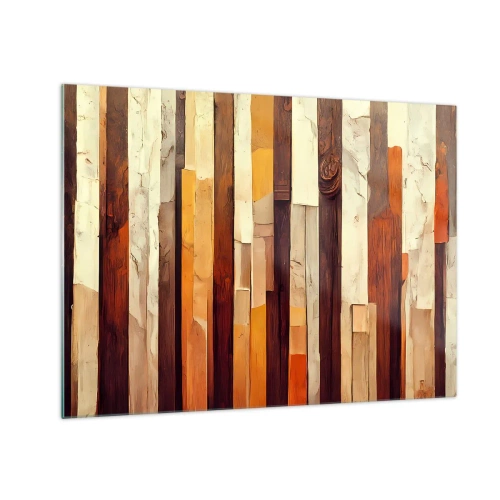 Obraz na skle - Kompozice svislých pruhů v odstínech dřeva a béžové - 70x50cm - Hymna lesních stromů - Moderní nástěnná dekorace do obývacího pokoje a ložnice ARTTOR