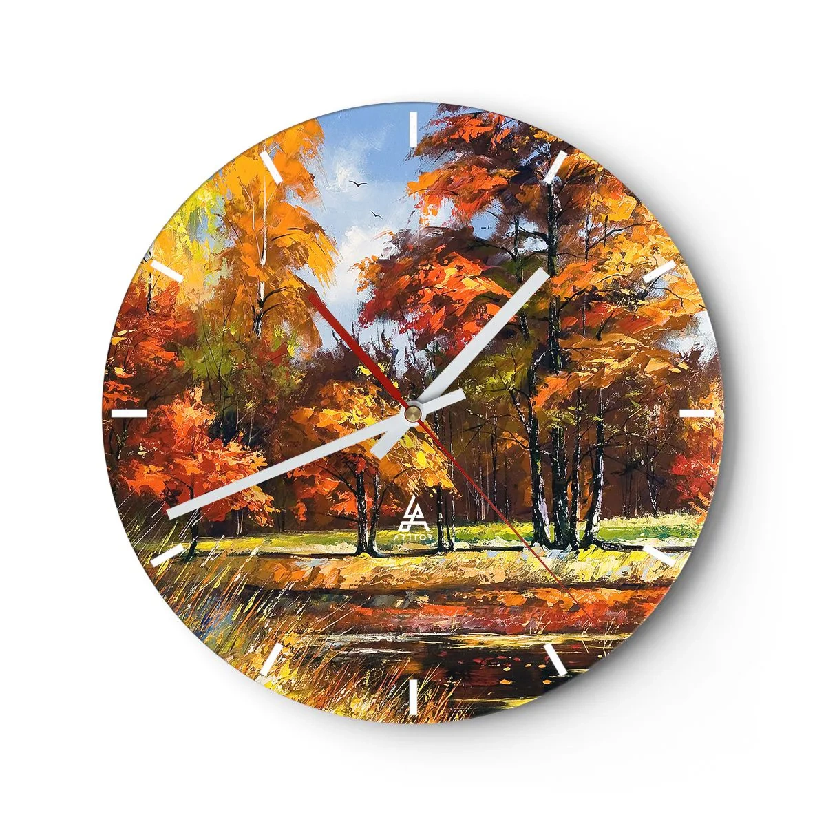 Nástěnné hodiny - Podzimní les s barevným listím a teplým světlem na pozadí klidné krajiny - 30x30cm - Krajinka ve zlaté a hnědé - Moderní nástěnná dekorace do obývacího pokoje, kuchyně a ložnice ARTTOR