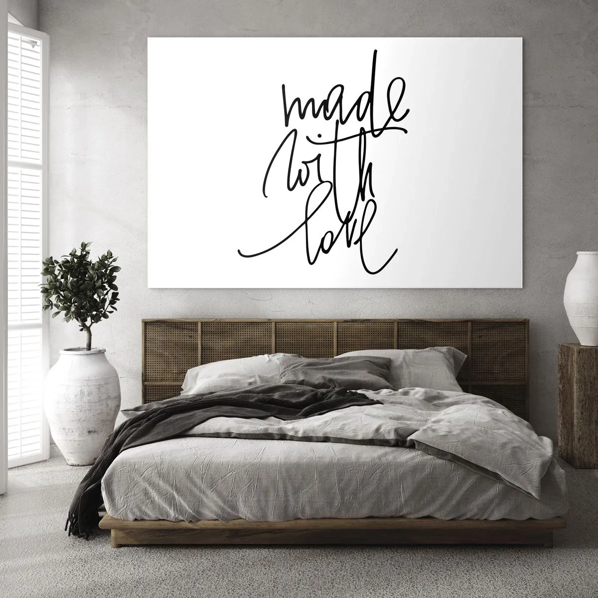 Obraz na skle - Minimalistický nápis „Vyrobeno s láskou“ - 70x50cm - Nejlepší značka - Moderní nástěnná dekorace do obývacího pokoje a ložnice ARTTOR