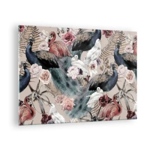 Obraz na skle - Pávi a plameňáci obklopení růžemi a kapradinami - 70x50cm - V palácové zahradě - Moderní nástěnná dekorace do obývacího pokoje a ložnice ARTTOR