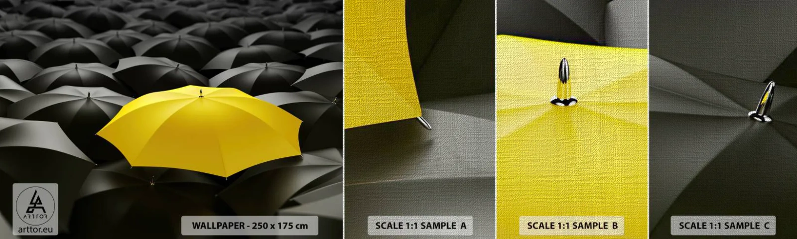 Vzor Fototapety Premium Canvas - Sbohem smutku - Žluté deštníky, Grafika, Pojem - 100x30 cm