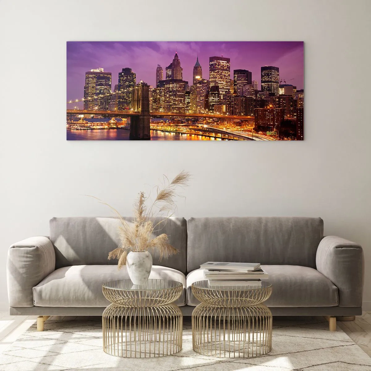 Obraz na skle - Fialovo-zlatý Manhattan - 90x30 cm