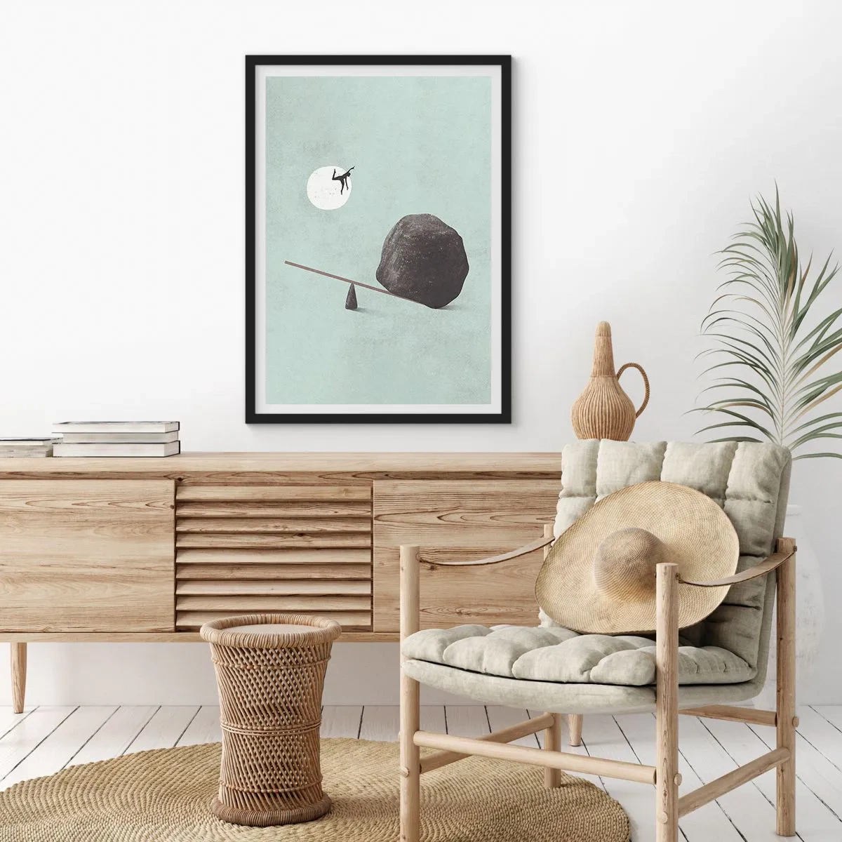 Plakát v černém rámu - Minimalistická stupnice s kamenem a postavou na pozadí měsíce - 50x70cm - Splněný sen - Moderní nástěnná dekorace do obývacího pokoje a ložnice ARTTOR