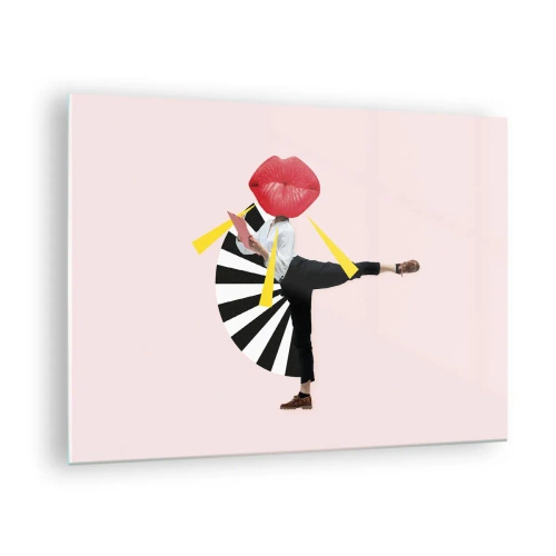 Obraz na skle - Surrealistická pop-artová kompozice s postavou s velkými ústy na růžovém pozadí. - 70x50cm - Surrealistický pop-art - Moderní nástěnná dekorace do obývacího pokoje a ložnice ARTTOR
