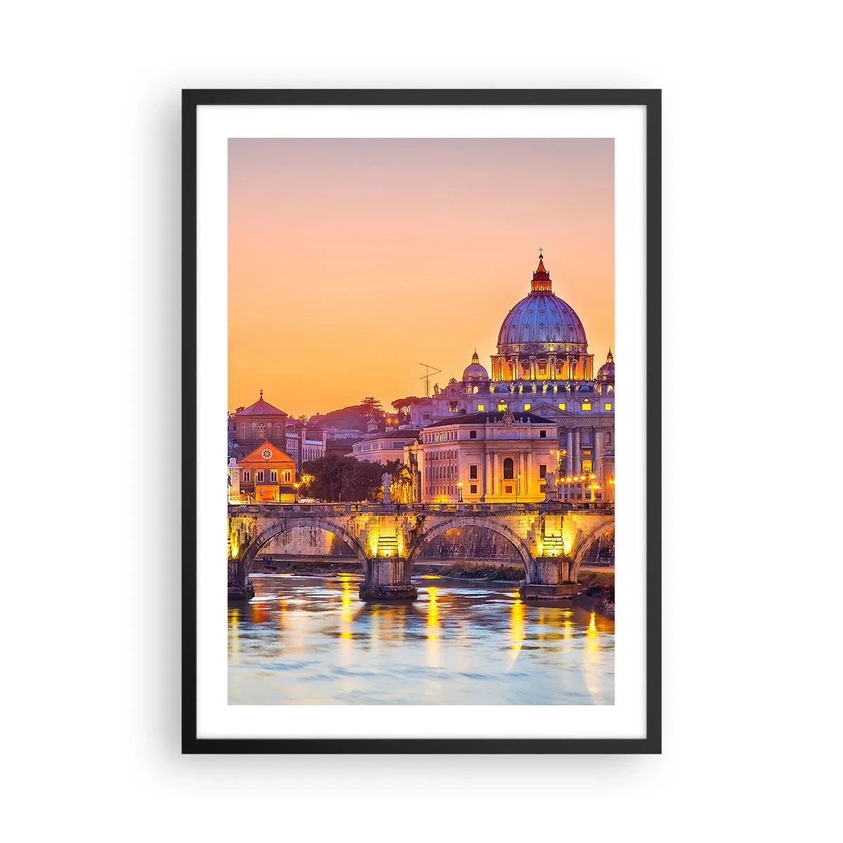 Plakát v černém rámu - Západ slunce nad mostem a bazilikou se světly v Římě - 50x70cm - Soumrak nad Věčným městem - Moderní nástěnná dekorace do obývacího pokoje a ložnice ARTTOR