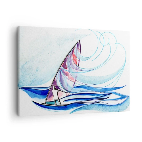 Obraz na plátně - Surfař na vlnách v abstraktní akvarelové kompozici - 70x50cm - S větrem v rytmu vln - Moderní nástěnná dekorace do obývacího pokoje a ložnice ARTTOR