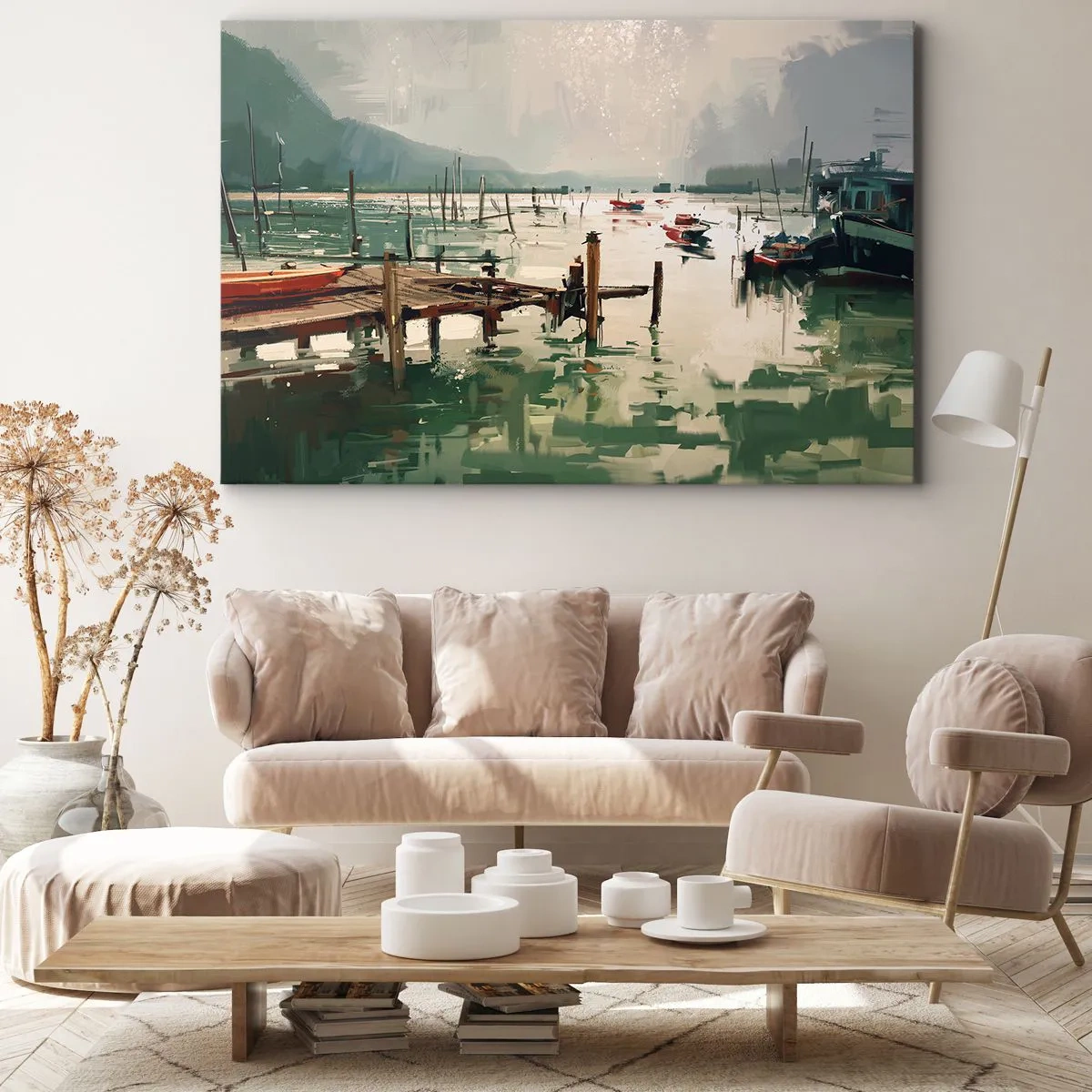 Obraz na plátně - Malebný přístav s loděmi na klidné vodě - 70x50cm - Zalité roztaveným měsícem - Moderní nástěnná dekorace do obývacího pokoje a ložnice ARTTOR
