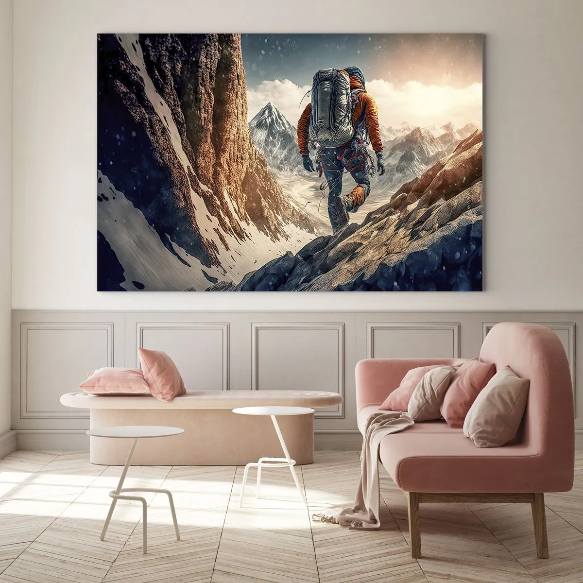Obraz na skle - Turista stoupá po skalnatém, zasněženém horském svahu - 70x50cm - Osamělý bojovník - Moderní nástěnná dekorace do obývacího pokoje a ložnice ARTTOR