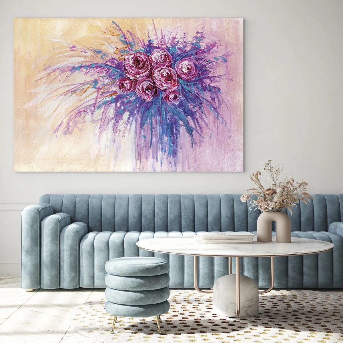 Obraz na skle - Kytice růží v odstínech růžové a fialové na pastelovém pozadí - 70x50cm - Růžová fontána - Moderní nástěnná dekorace do obývacího pokoje a ložnice ARTTOR