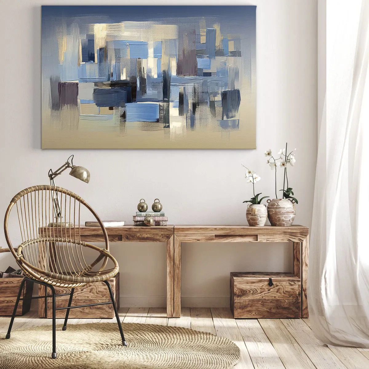 Obraz na plátně - Geometrické tvary v odstínech modré a béžové - 70x50cm - Modrá konstrukce - Moderní nástěnná dekorace do obývacího pokoje a ložnice ARTTOR