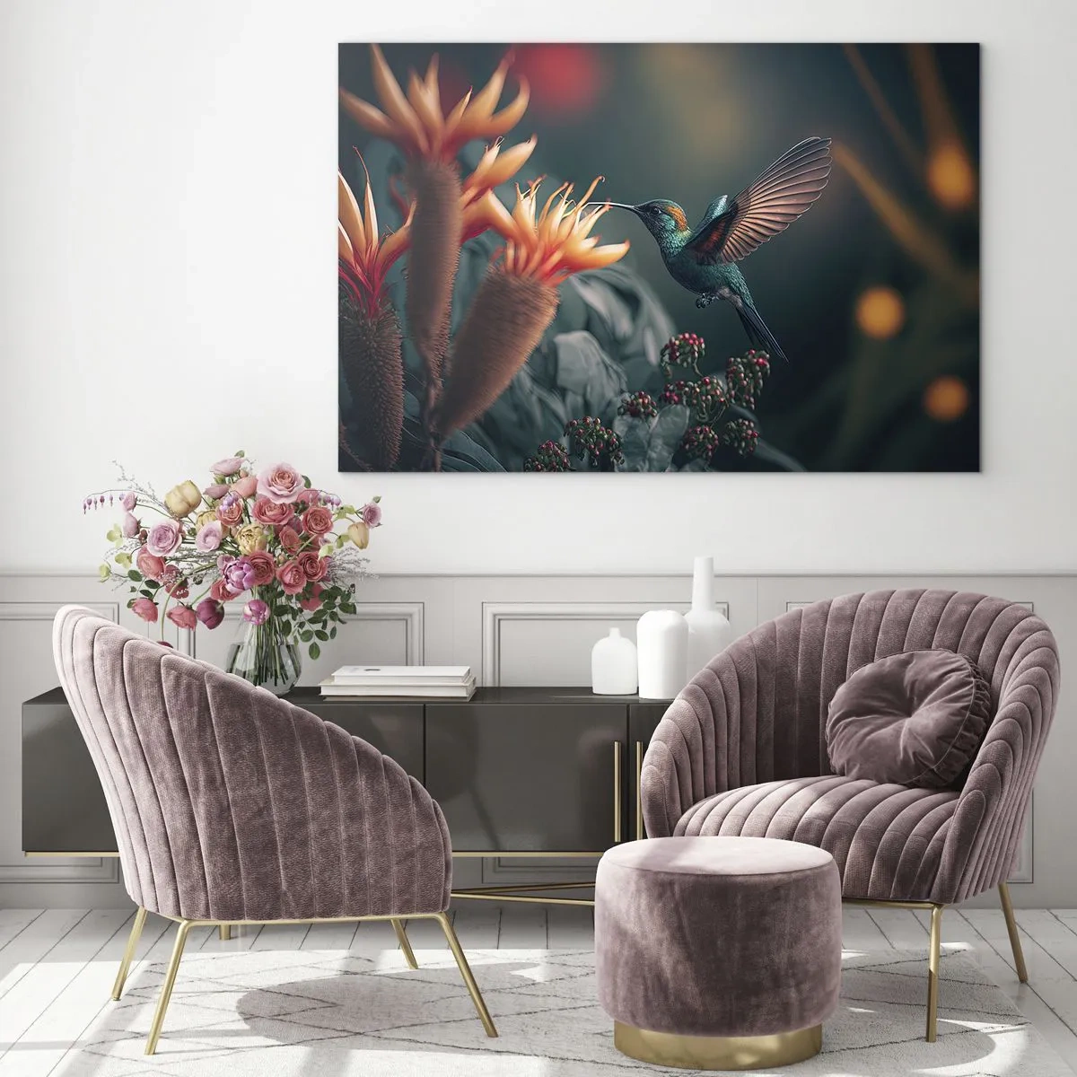 Obraz na skle - Kolibřík se vznáší nad exotickými květinami mezi listy. - 70x50cm - Skutečně pestrý život - Moderní nástěnná dekorace do obývacího pokoje a ložnice ARTTOR