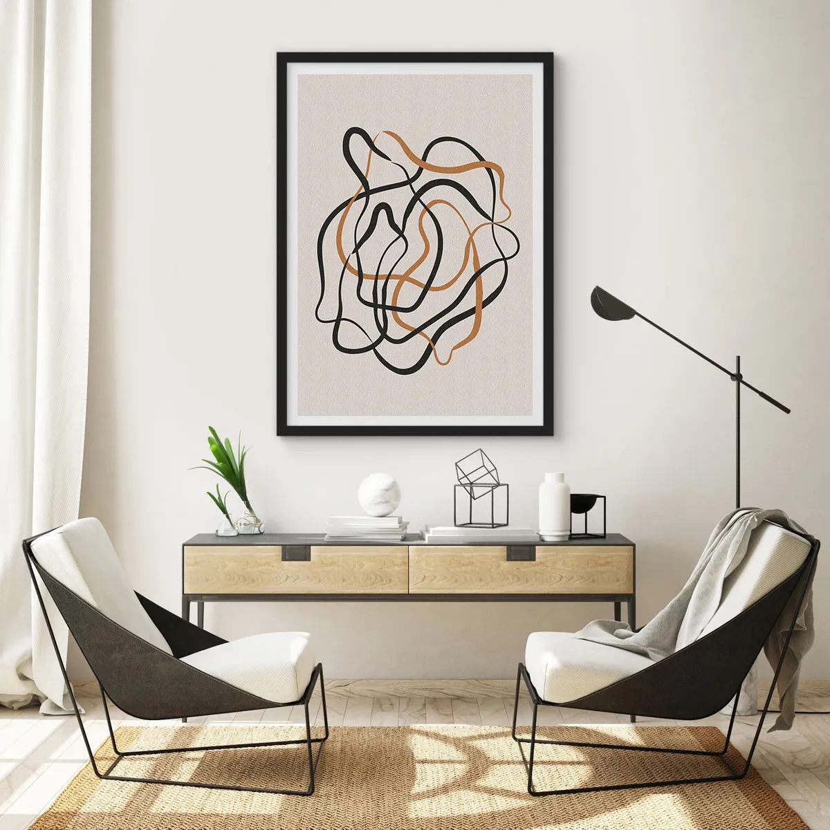 Plakát v černém rámu - Abstraktní zamotané čáry v černé a zlaté barvě na béžové - 50x70cm - Všechno se pokroutilo - Moderní nástěnná dekorace do obývacího pokoje a ložnice ARTTOR