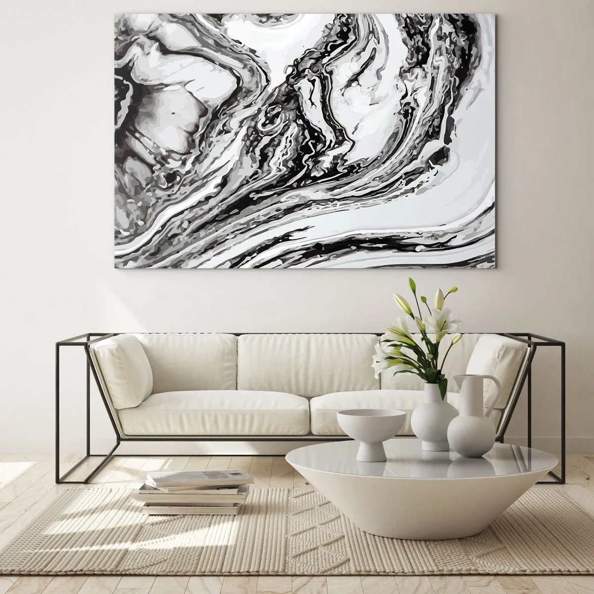 Obraz na skle - Abstraktní vzor v odstínech černé a bílé připomínající vlny. - 70x50cm - Na začátku byl chaos - Moderní nástěnná dekorace do obývacího pokoje a ložnice ARTTOR