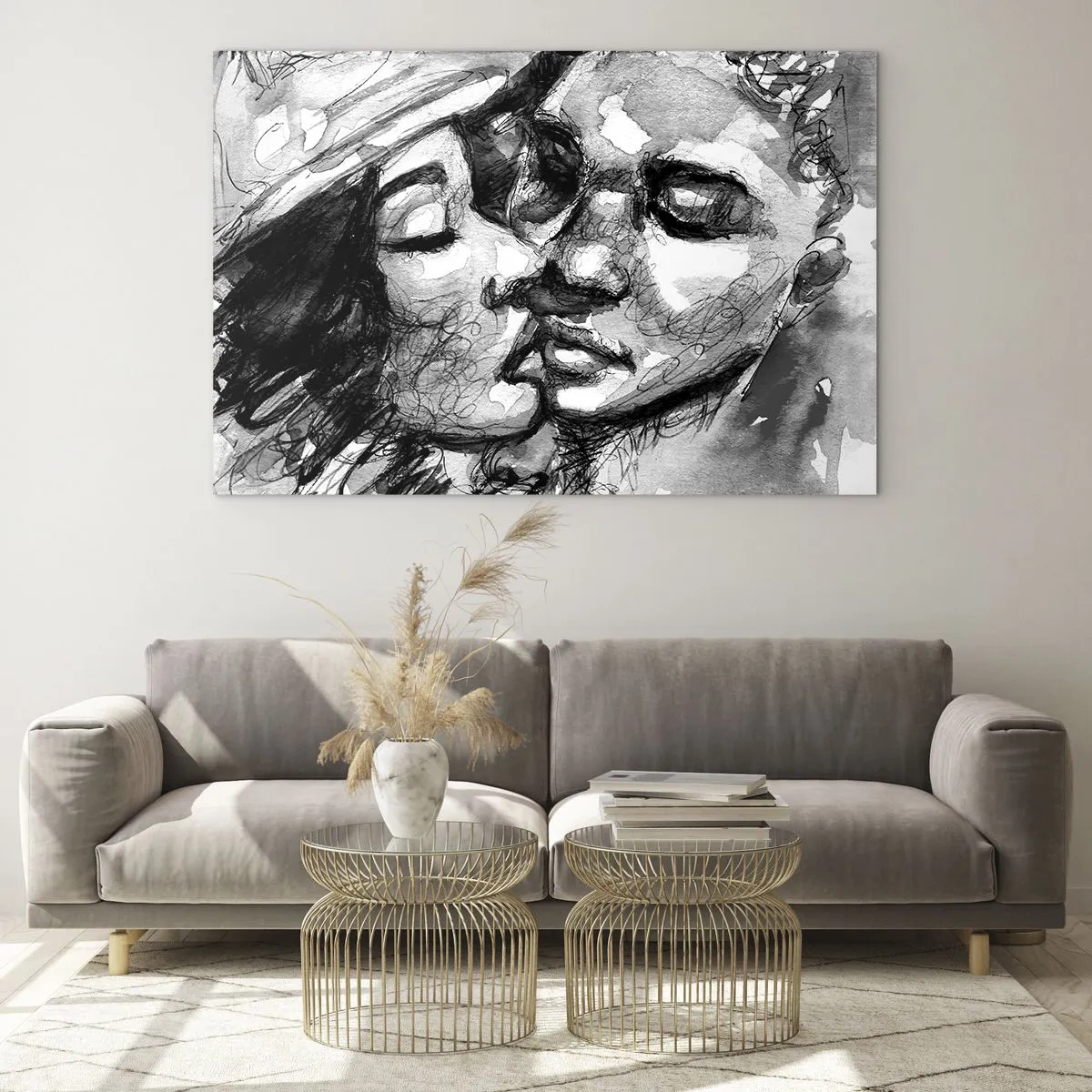 Obraz na skle - Černobílá skica něžného polibku - 70x50cm - Něžný okamžik - Moderní nástěnná dekorace do obývacího pokoje a ložnice ARTTOR