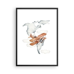 Plakát v černém rámu - Dvojplošník nad mapou světa v oblacích - 50x70cm - V průkopnickém duchu - Moderní nástěnná dekorace do obývacího pokoje a ložnice ARTTOR