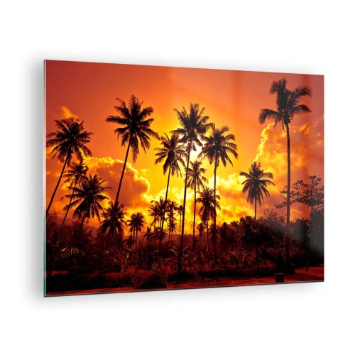 Obraz na skle - Palmy na pozadí ohnivého západu slunce - 70x50cm - Hoří hory, hoří lesy - Moderní nástěnná dekorace do obývacího pokoje a ložnice ARTTOR