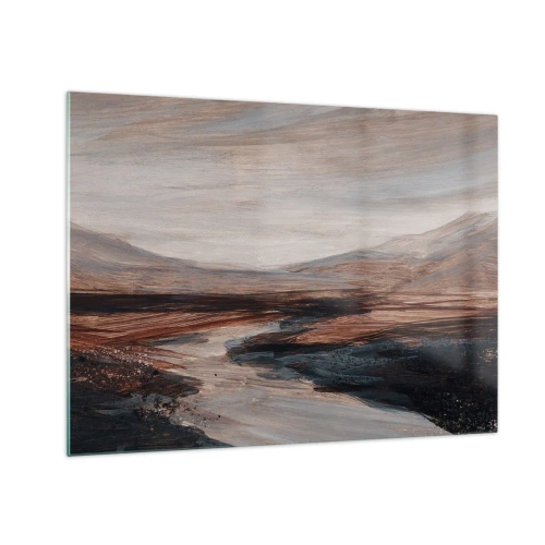 Obraz na skle - Malebné údolí s řekou v odstínech hnědé a modré - 70x50cm - Klidné údolí - Moderní nástěnná dekorace do obývacího pokoje a ložnice ARTTOR