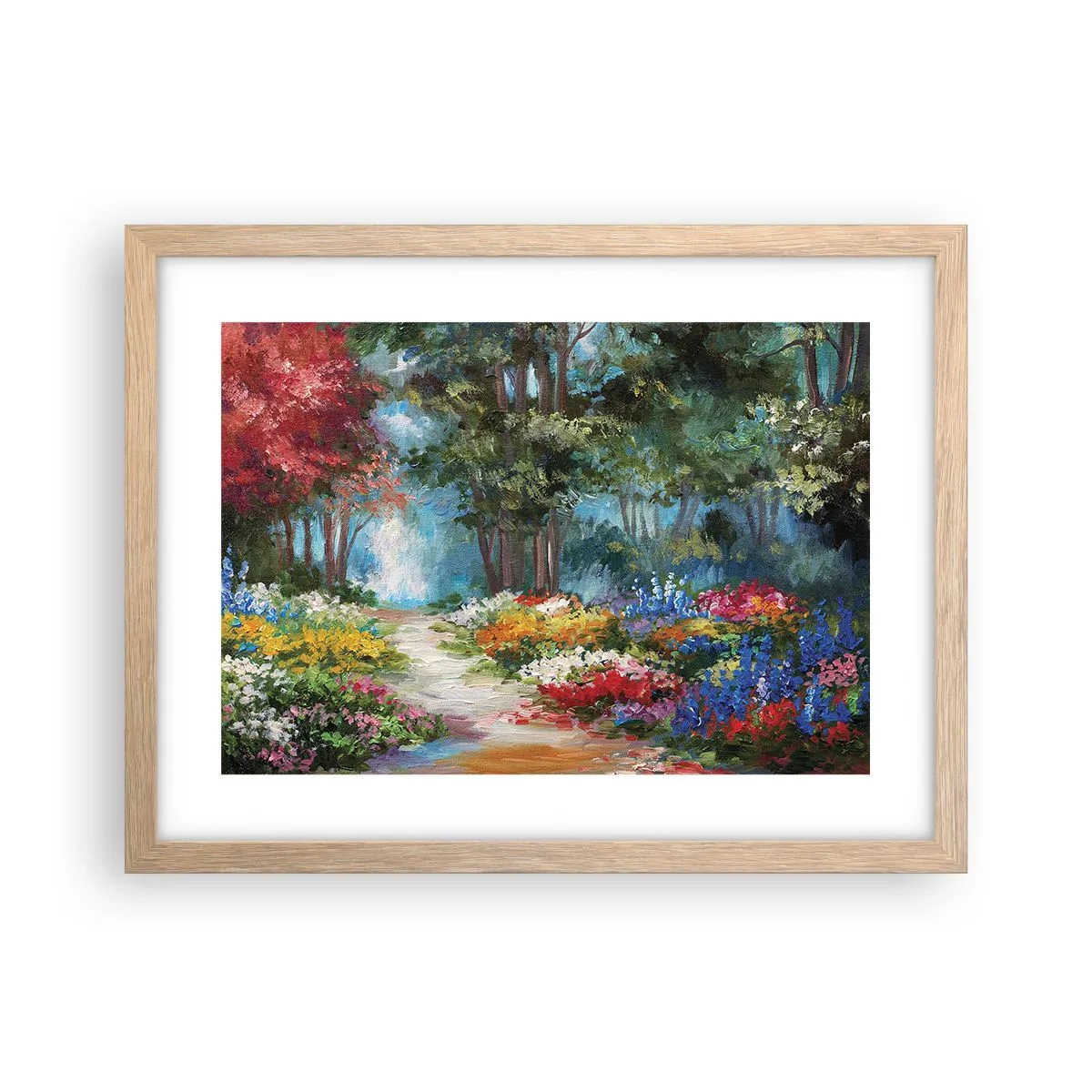 Plakát v rámu světlý dub - Lesní zahrada, květinový les - 40x30 cm