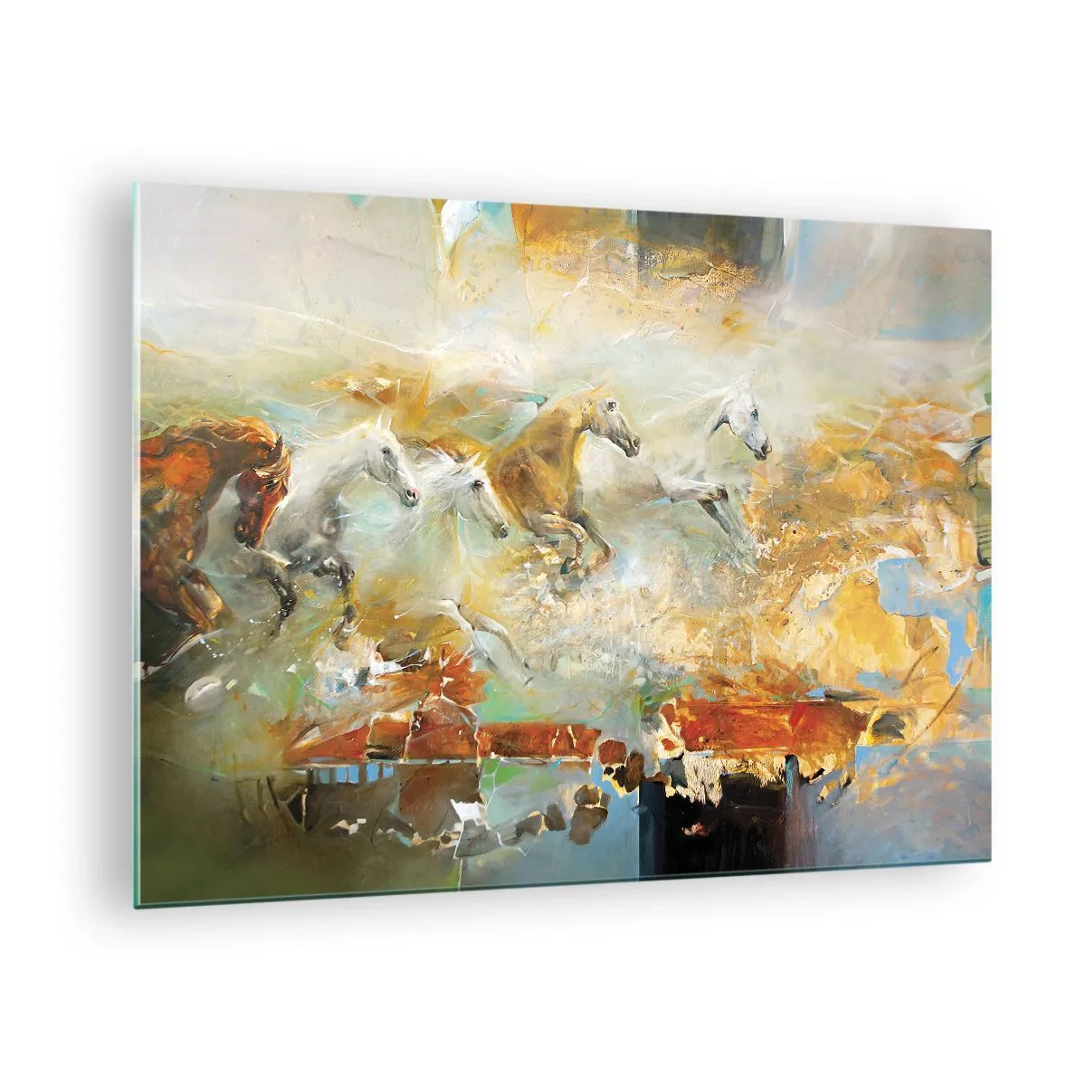 Obraz na skle - Abstraktní koně v dynamickém pohybu - 70x50cm - Cválá světlem - Moderní nástěnná dekorace do obývacího pokoje a ložnice ARTTOR
