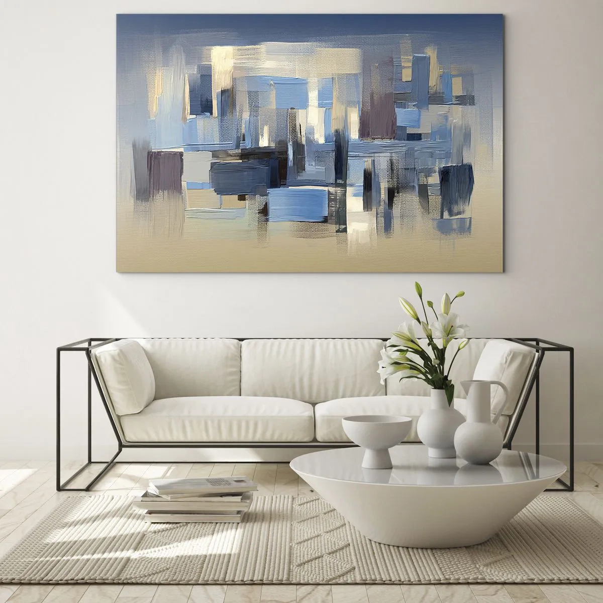 Obraz na skle - Geometrické tahy štětcem v odstínech modré a béžové - 70x50cm - Modrá konstrukce - Moderní nástěnná dekorace do obývacího pokoje a ložnice ARTTOR