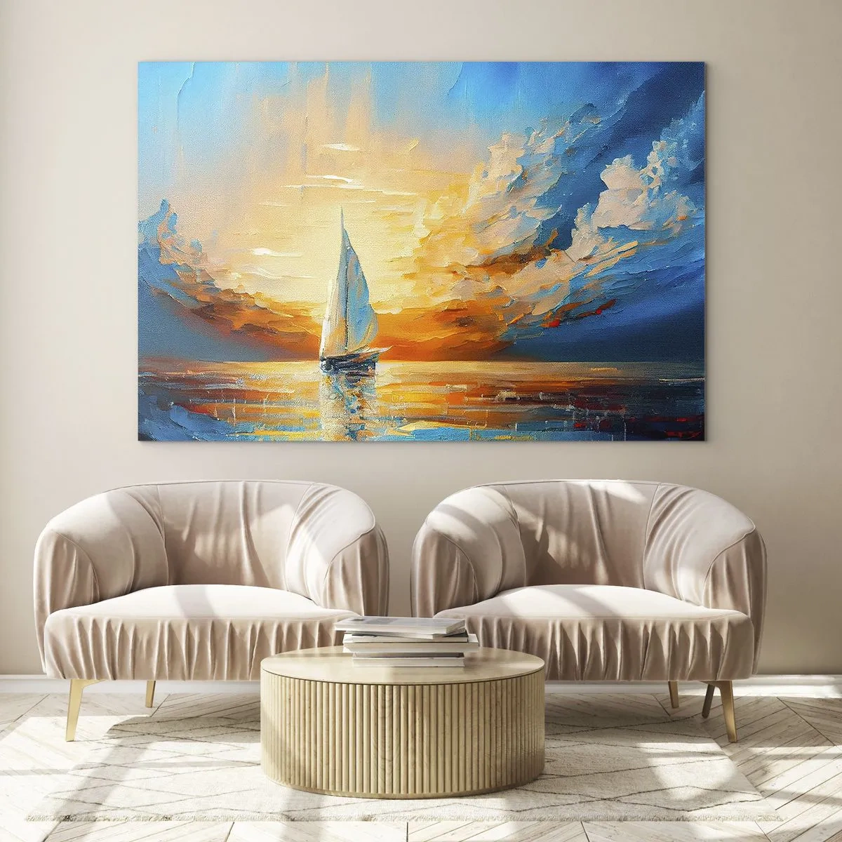 Obraz na skle - Plachetnice na moři ve světle zapadajícího slunce - 70x50cm - Plavba ve zlatě - Moderní nástěnná dekorace do obývacího pokoje a ložnice ARTTOR