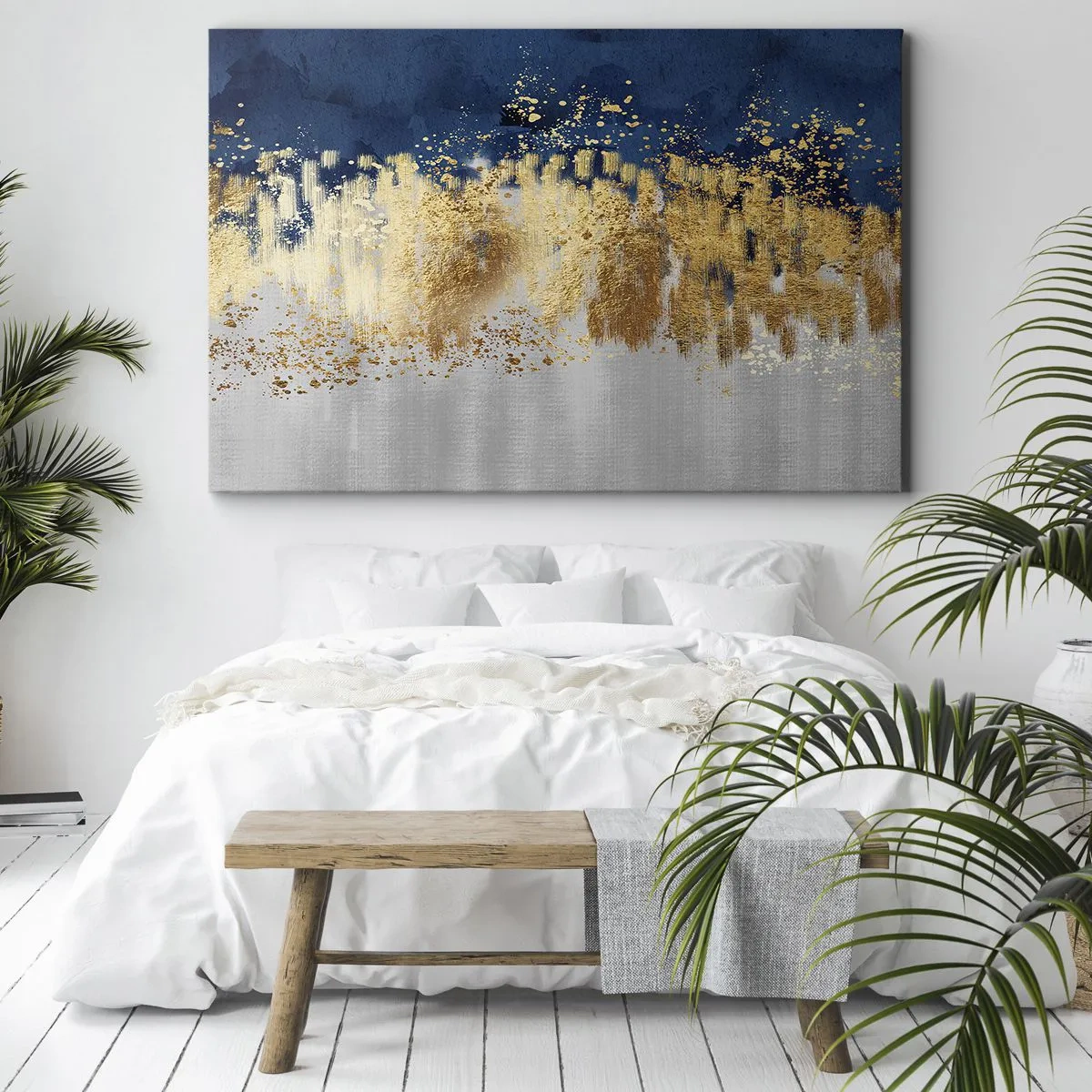 Obraz na plátně - Abstraktní kompozice v odstínech zlaté a tmavě modré. - 70x50cm - Moderní kompozice s jiskrou - Moderní nástěnná dekorace do obývacího pokoje a ložnice ARTTOR