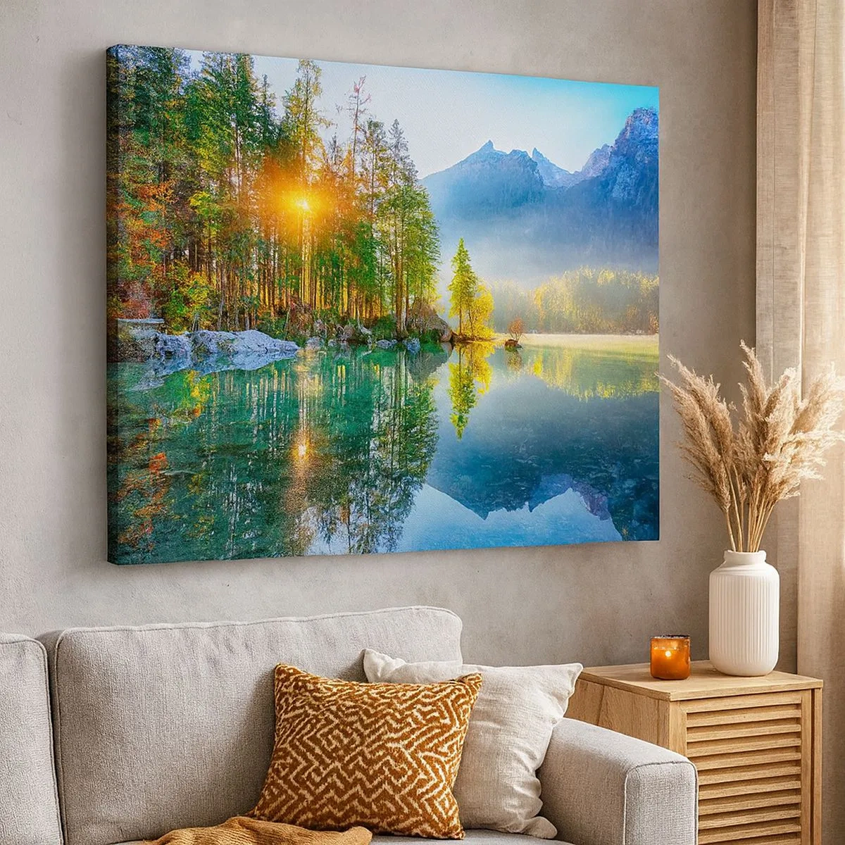 Obraz na plátně - Jezero obklopené horami a lesem v paprscích slunce - 70x50cm - Majestát a sladkost - Moderní nástěnná dekorace do obývacího pokoje a ložnice ARTTOR