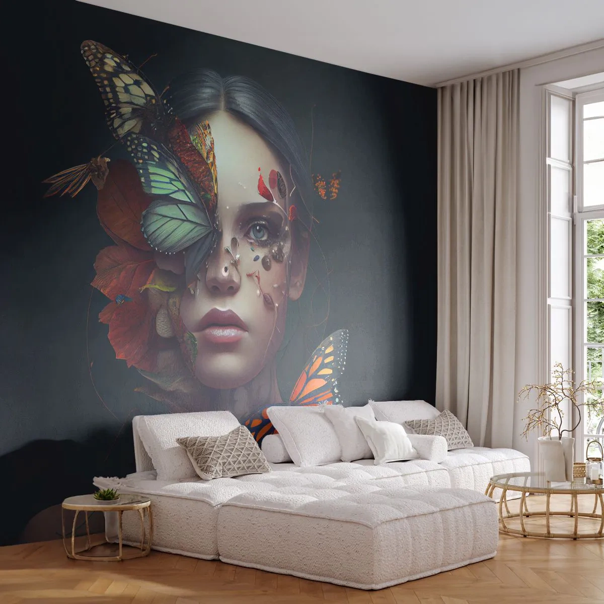 Fototapeta Premium Canvas - Nádherná metamorfóza - Motýli, Tvář, Žena - 250x175 cm