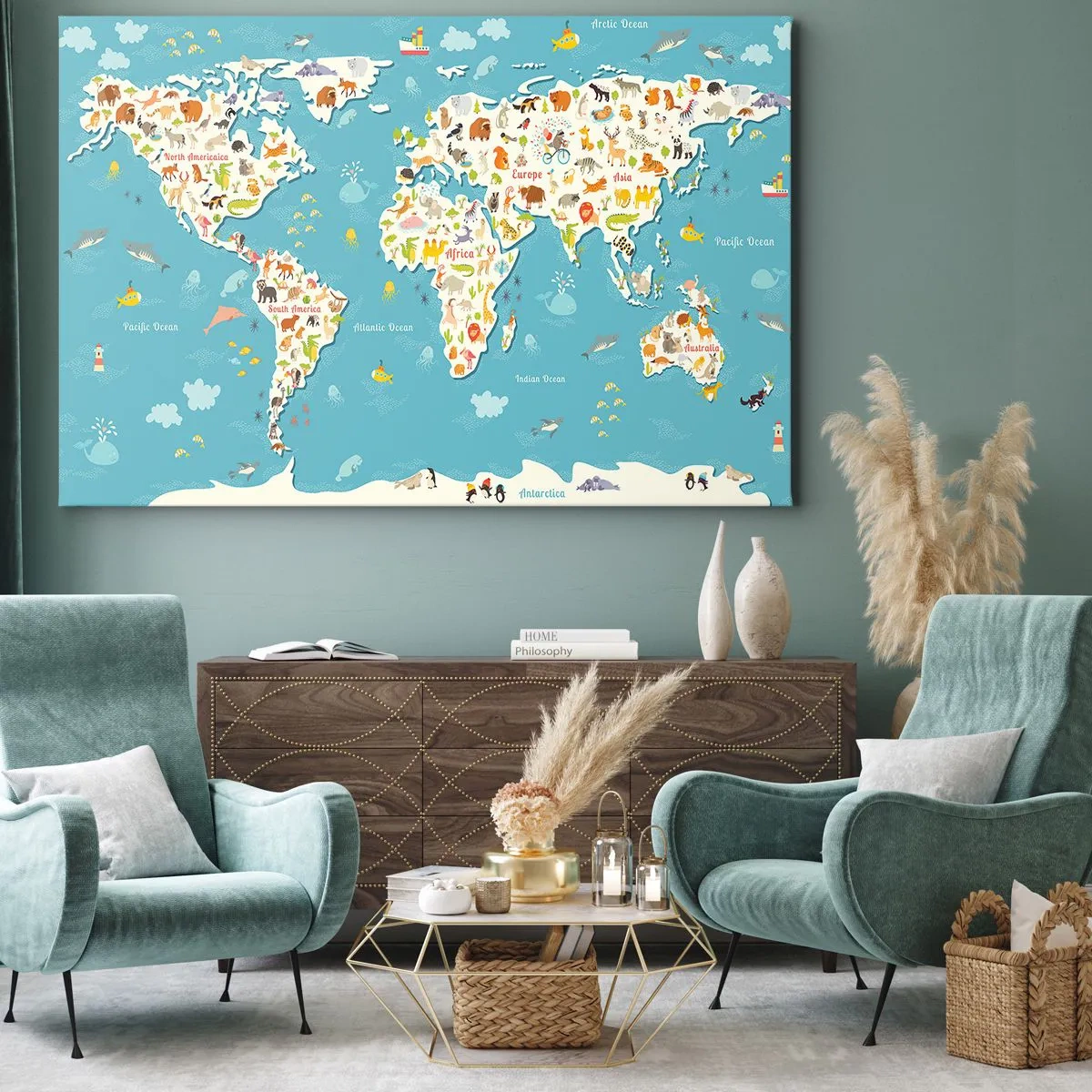 Obraz na plátně - Barevná mapa světa s ilustracemi zvířat - 70x50cm - Milujeme celý svět - Moderní nástěnná dekorace do obývacího pokoje a ložnice ARTTOR