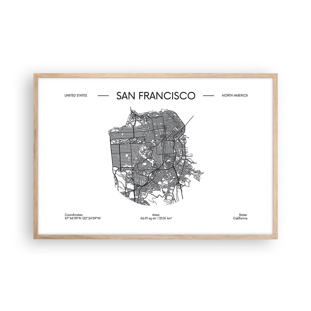Plakát v rámu světlý dub - Anatomie San Francisca - 91x61 cm