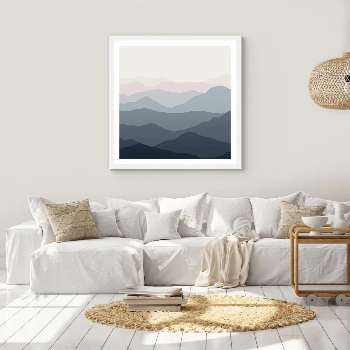 Plakát v bílém rámu - Vlny hor - 50x50 cm