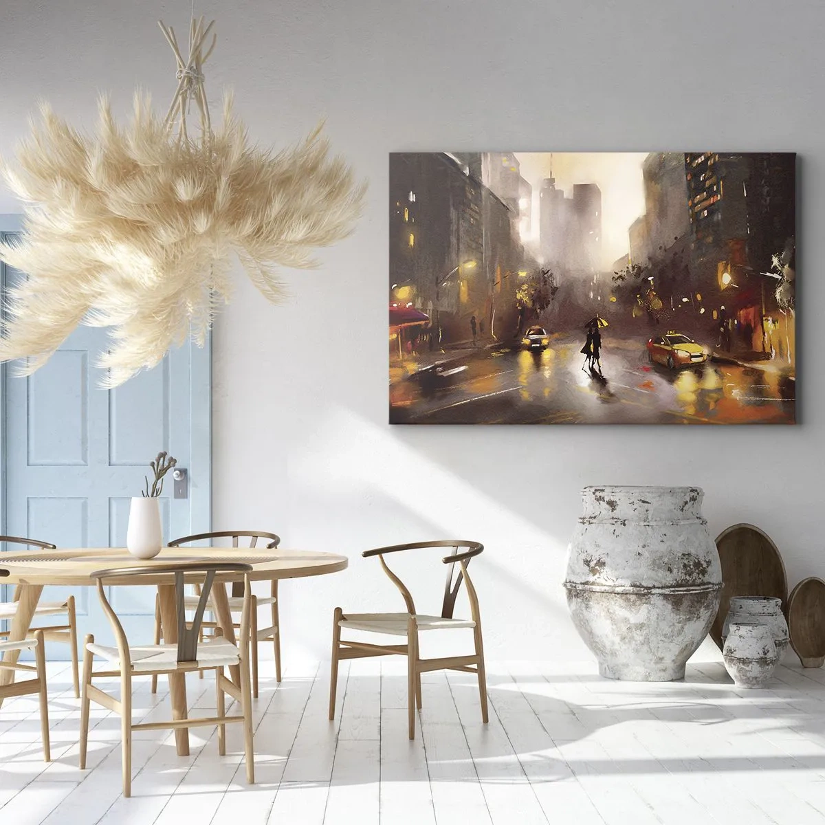 Obraz na plátně - Městská scéna v noci ve světle pouličních lamp a odrazů na mokré ulici. - 70x50cm - Ve světlech New Yorku - Moderní nástěnná dekorace do obývacího pokoje a ložnice ARTTOR
