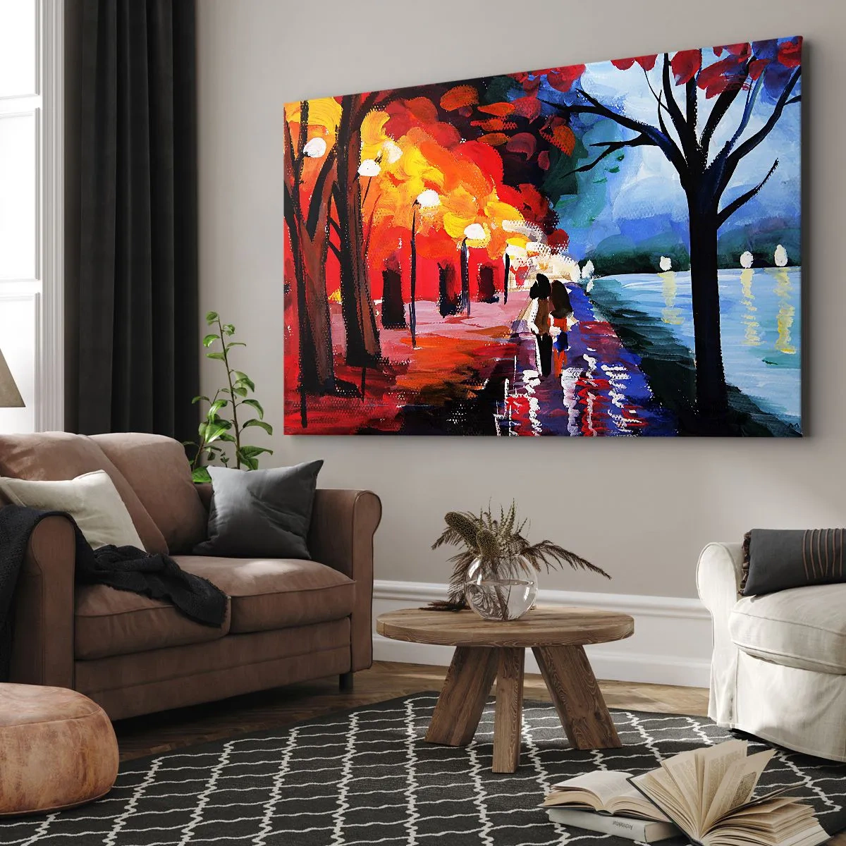 Obraz na plátně - Podzimní procházka po cestě s výhledem na vodu - 70x50cm - Žhavý podzim v parku - Moderní nástěnná dekorace do obývacího pokoje a ložnice ARTTOR