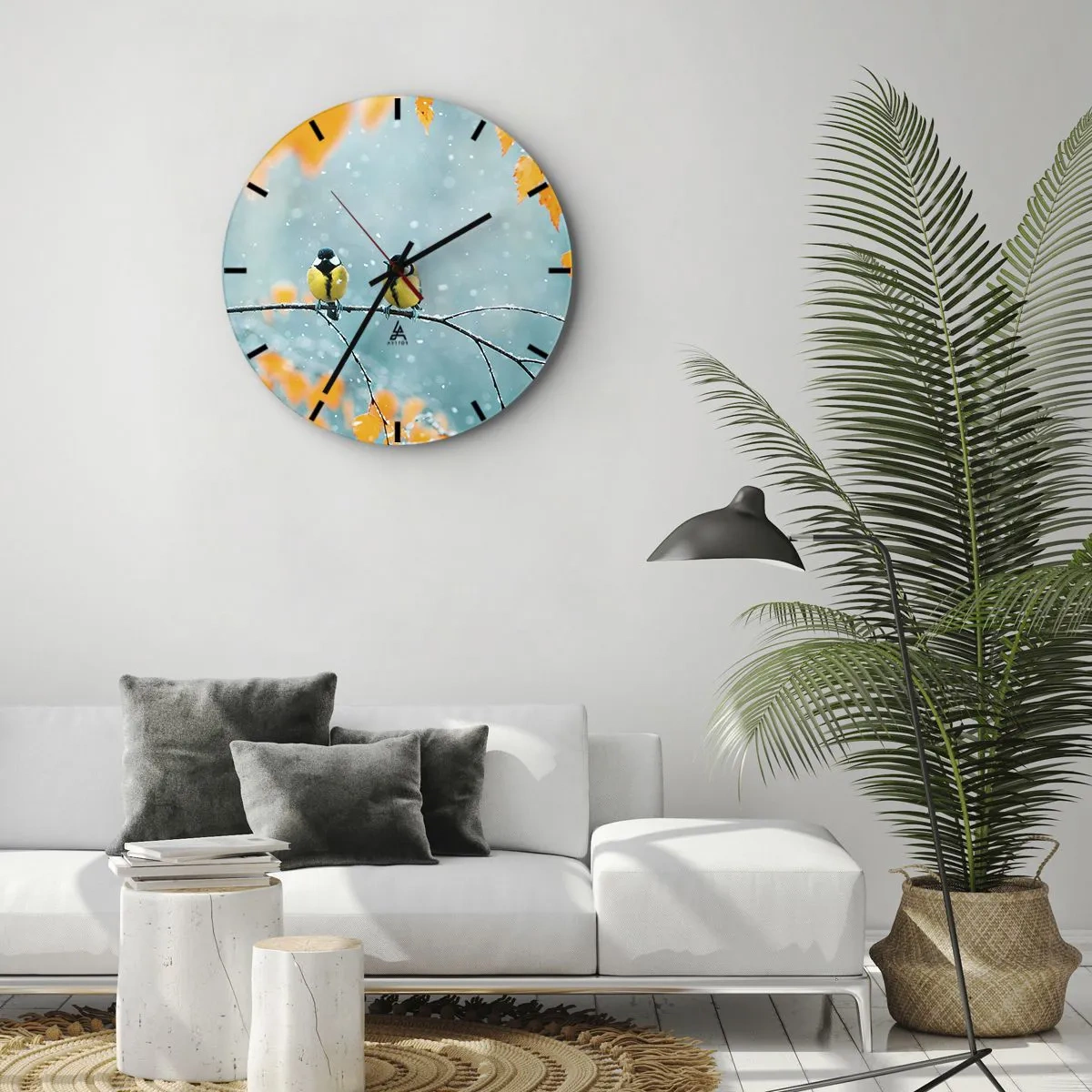 Nástěnné hodiny - Dvě sýkory na zasněžené větvi v zimní krajině - 30x30cm - Ptačí drby - Moderní nástěnná dekorace do obývacího pokoje, kuchyně a ložnice ARTTOR