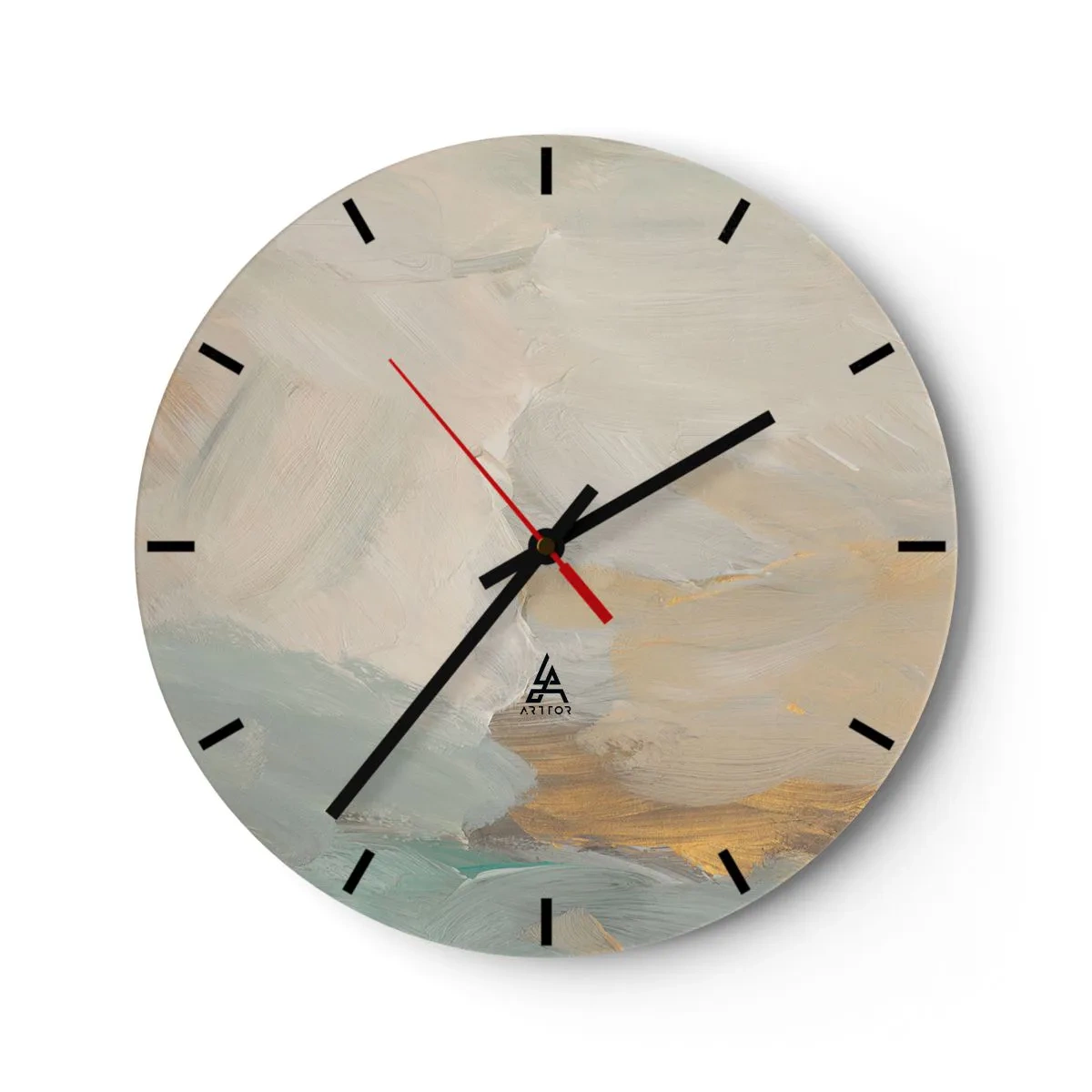Nástěnné hodiny - Jemné tahy štětcem v béžové, modré a zlaté barvě - 30x30cm - Abstrakce – krajina něhy - Moderní nástěnná dekorace do obývacího pokoje, kuchyně a ložnice ARTTOR
