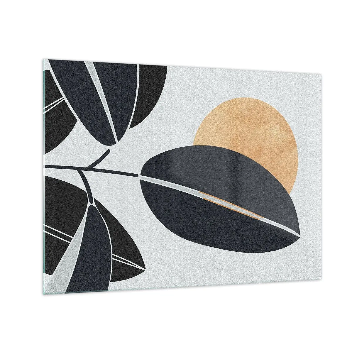 Obraz na skle - Stylizované listy v černé barvě s oranžovým sluncem v pozadí - 70x50cm - Den horkého léta - Moderní nástěnná dekorace do obývacího pokoje a ložnice ARTTOR