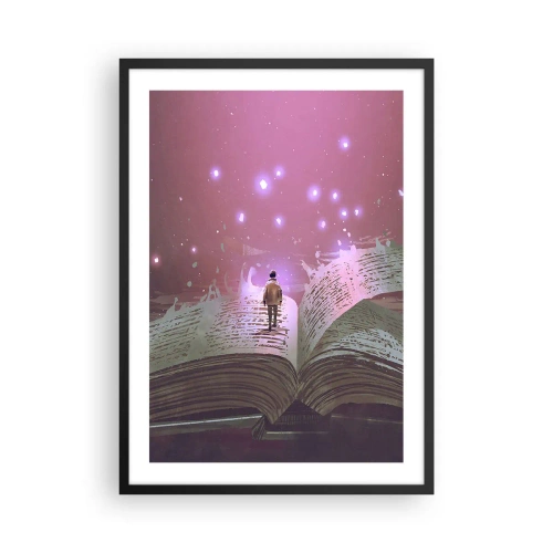 Plakát v černém rámu - Postava v magickém prostředí stojící na otevřené knize - 50x70cm - Pozvánka do jiného světa - přečti si to! - Moderní nástěnná dekorace do obývacího pokoje a ložnice ARTTOR