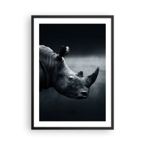 Plakát v černém rámu - Černobílý portrét nosorožce na tmavém pozadí - 50x70cm - Pravý profil - Moderní nástěnná dekorace do obývacího pokoje a ložnice ARTTOR