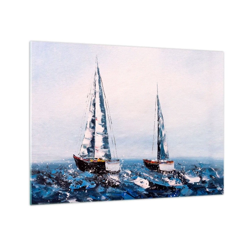Obraz na skle - Dvě jachty na rozbouřeném moři v impresionistickém malířském stylu. - 70x50cm - Bratrství větru - Moderní nástěnná dekorace do obývacího pokoje a ložnice ARTTOR