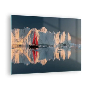 Obraz na skle - Plachetnice s červenou plachtou poblíž ledovců při západu slunce - 70x50cm - Na okraji světa - Moderní nástěnná dekorace do obývacího pokoje a ložnice ARTTOR