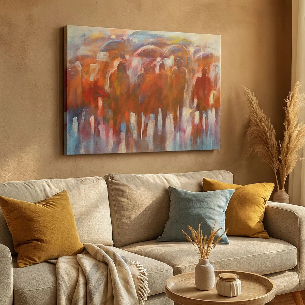 Obraz na plátně - Dav lidí s deštníky v deštivém, uměleckém prostředí - 70x50cm - Rovnocenní v dešti a mlze - Moderní nástěnná dekorace do obývacího pokoje a ložnice ARTTOR