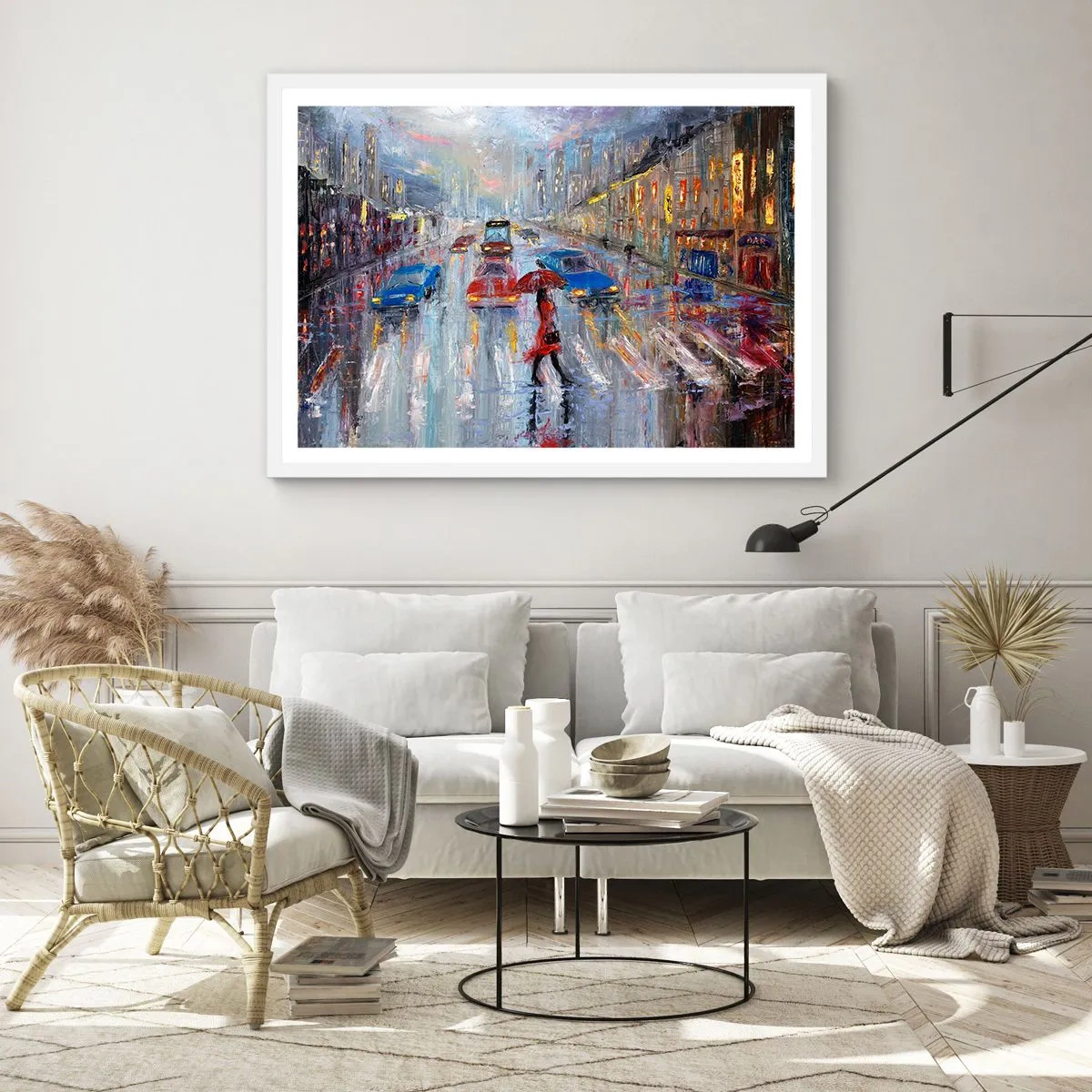 Plakát v bílém rámu - Deštivé odpoledne ve městě - 91x61 cm