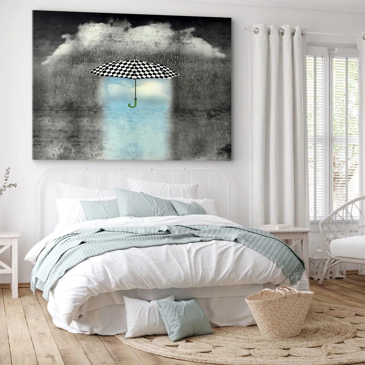 Obraz na plátně - Šachovnicový deštník nad deštivou krajinou - 70x50cm - A přece je to možné - Moderní nástěnná dekorace do obývacího pokoje a ložnice ARTTOR