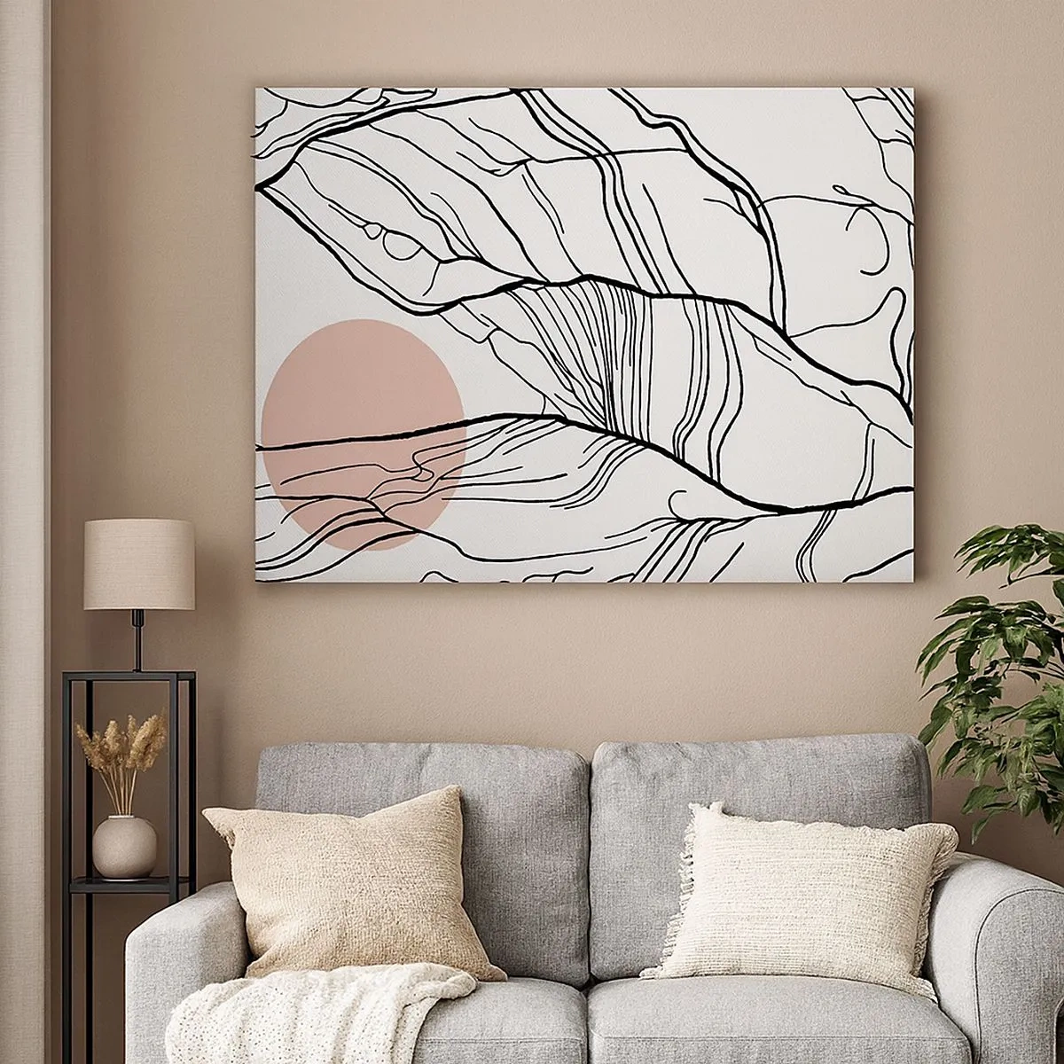Obraz na plátně - Minimalistické linie s geometrickým akcentem - 70x50cm - V síti větviček - Moderní nástěnná dekorace do obývacího pokoje a ložnice ARTTOR