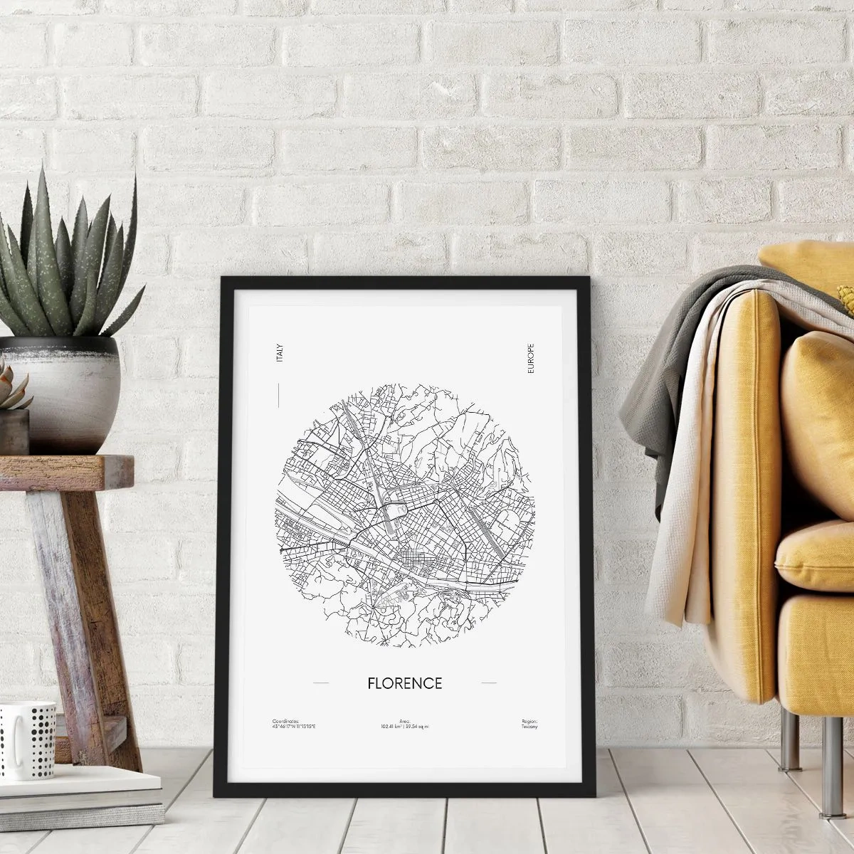 Plakát v černém rámu - Minimalistická mapa Florencie v černé a bílé barvě. - 50x70cm - Anatomie Florencie - Moderní nástěnná dekorace do obývacího pokoje a ložnice ARTTOR