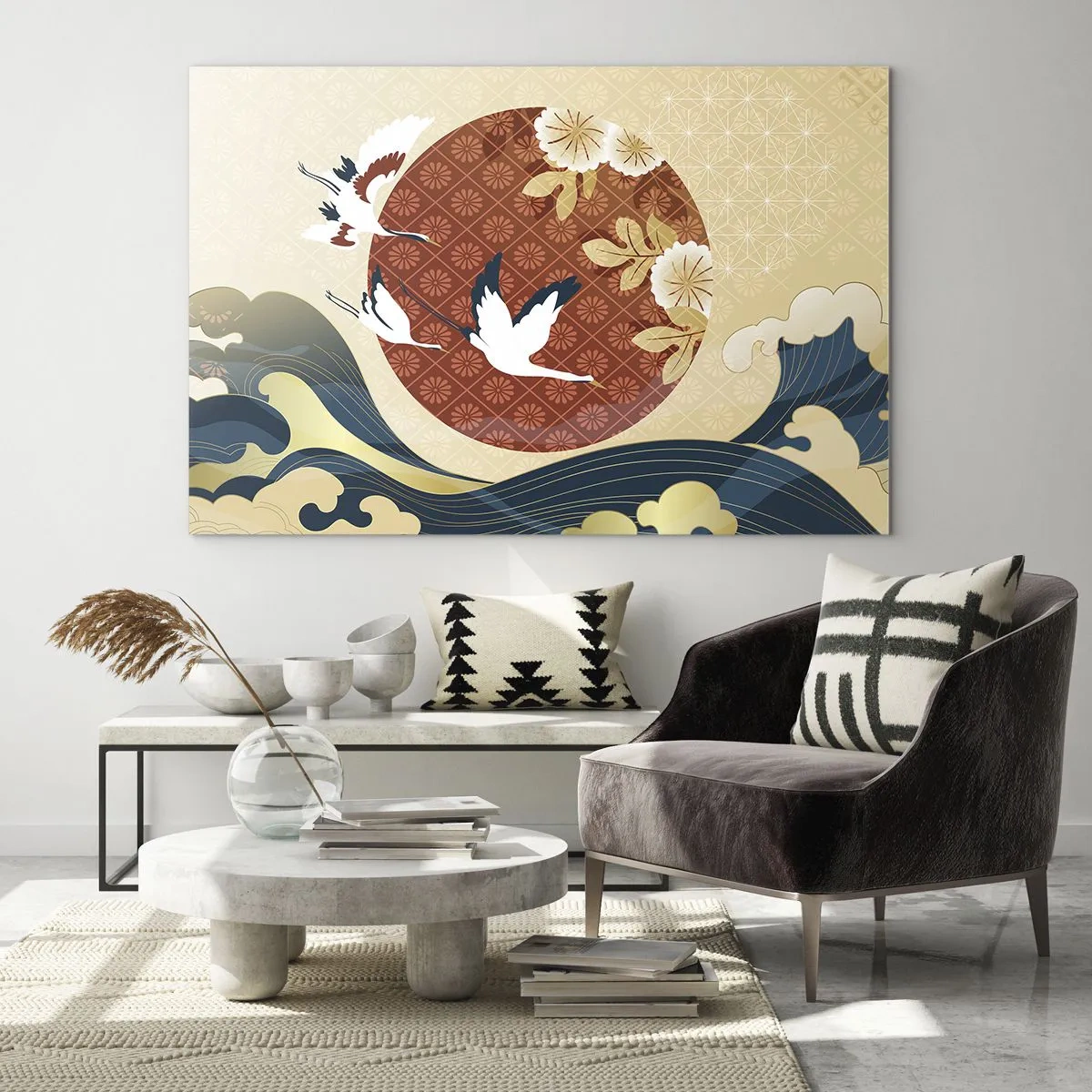 Obraz na skle - Japonští jeřábi nad vlnami proti červenému kruhu - 70x50cm - Japonská pohádka - Moderní nástěnná dekorace do obývacího pokoje a ložnice ARTTOR