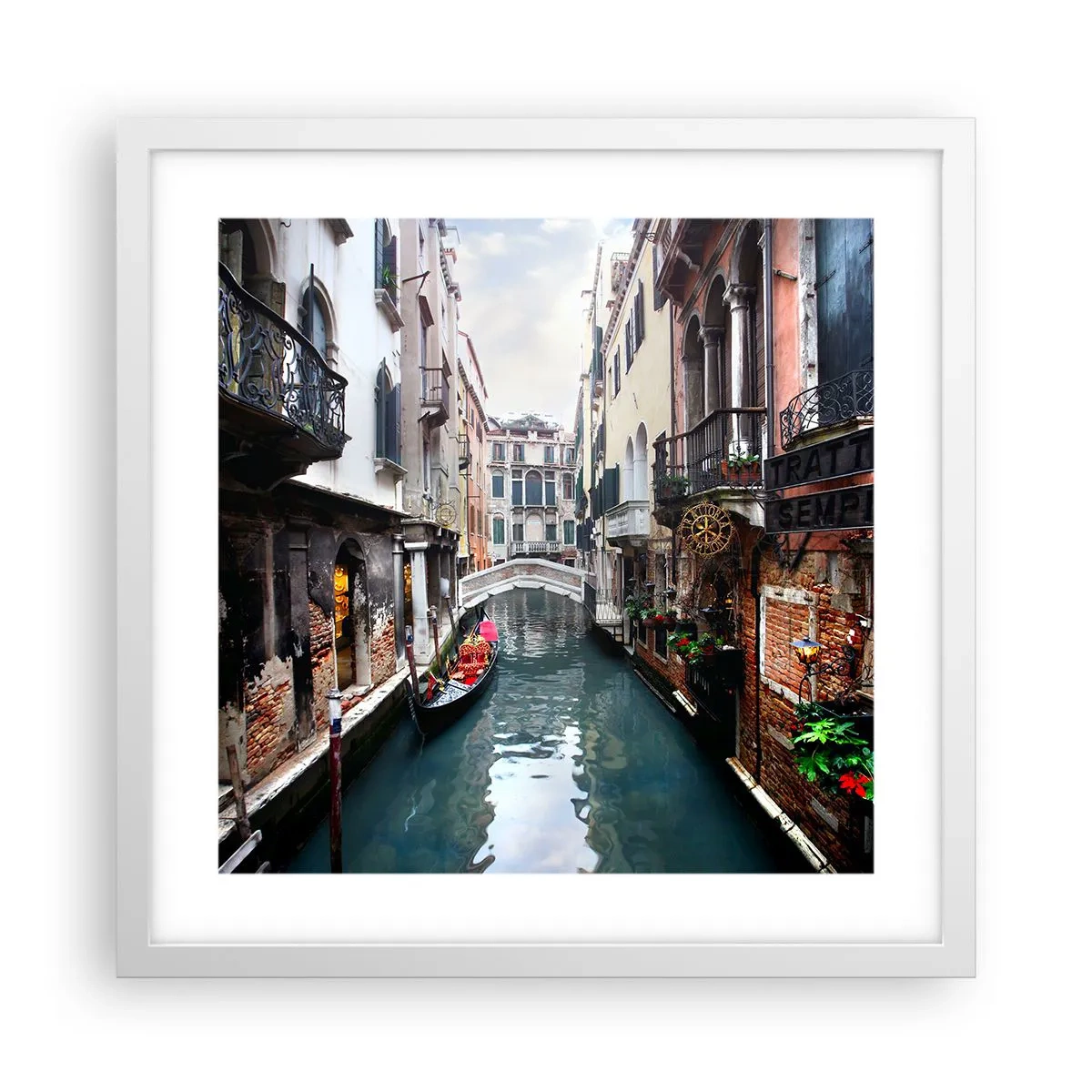Plakát v bílém rámu - Benátská krajina s gondolou a můstkem - 40x40 cm
