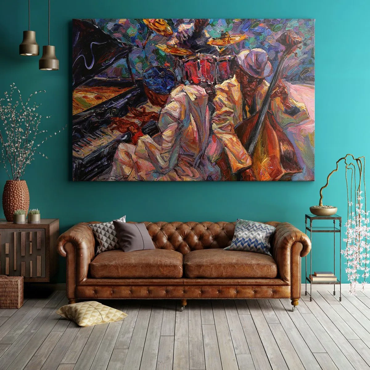 Obraz na plátně - Energická jazzová scéna s hudebníky a nástroji - 70x50cm - V jednom rytmu - Moderní nástěnná dekorace do obývacího pokoje a ložnice ARTTOR